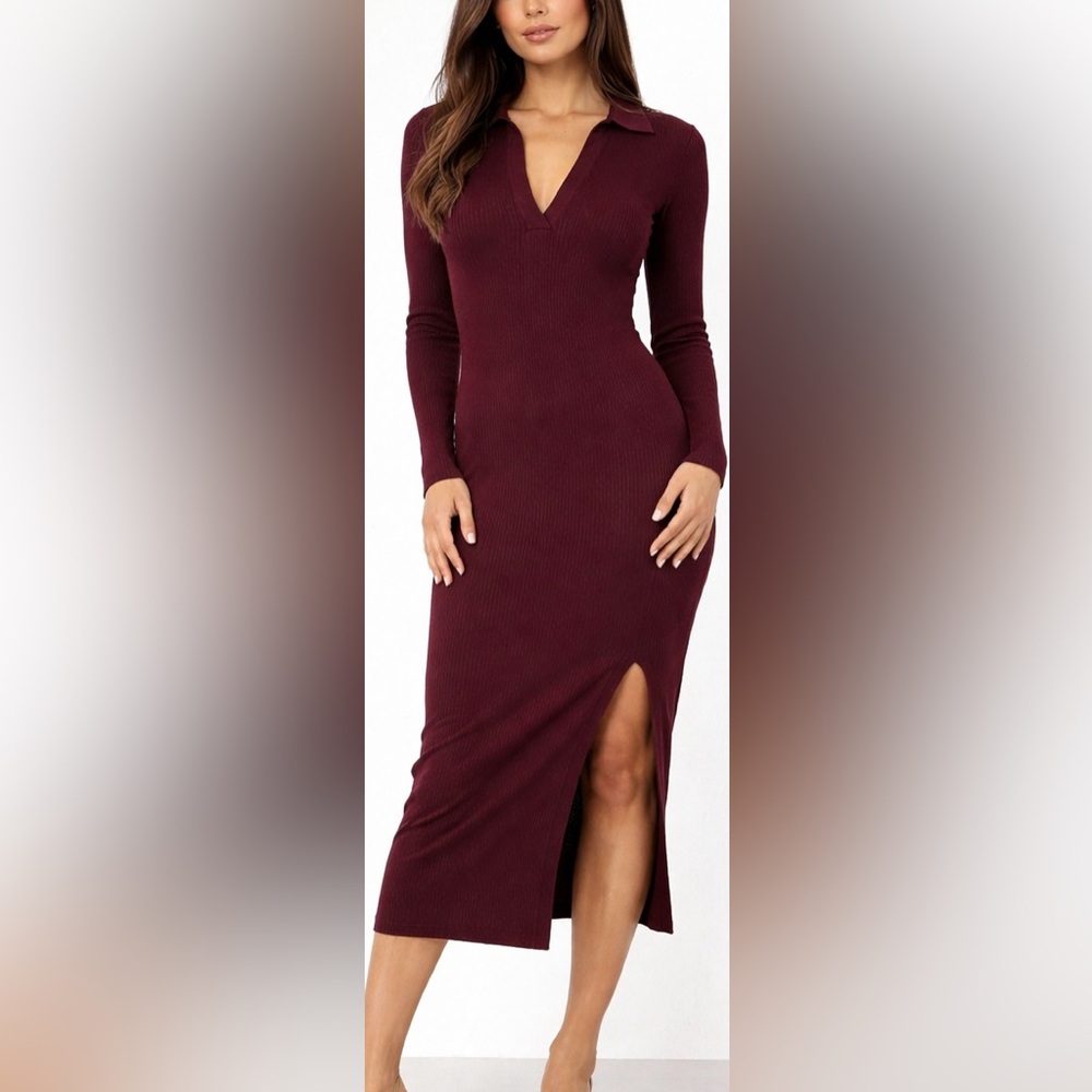 Lulu's Deep Wine Long Sleeve Ribbed Maxi Dress